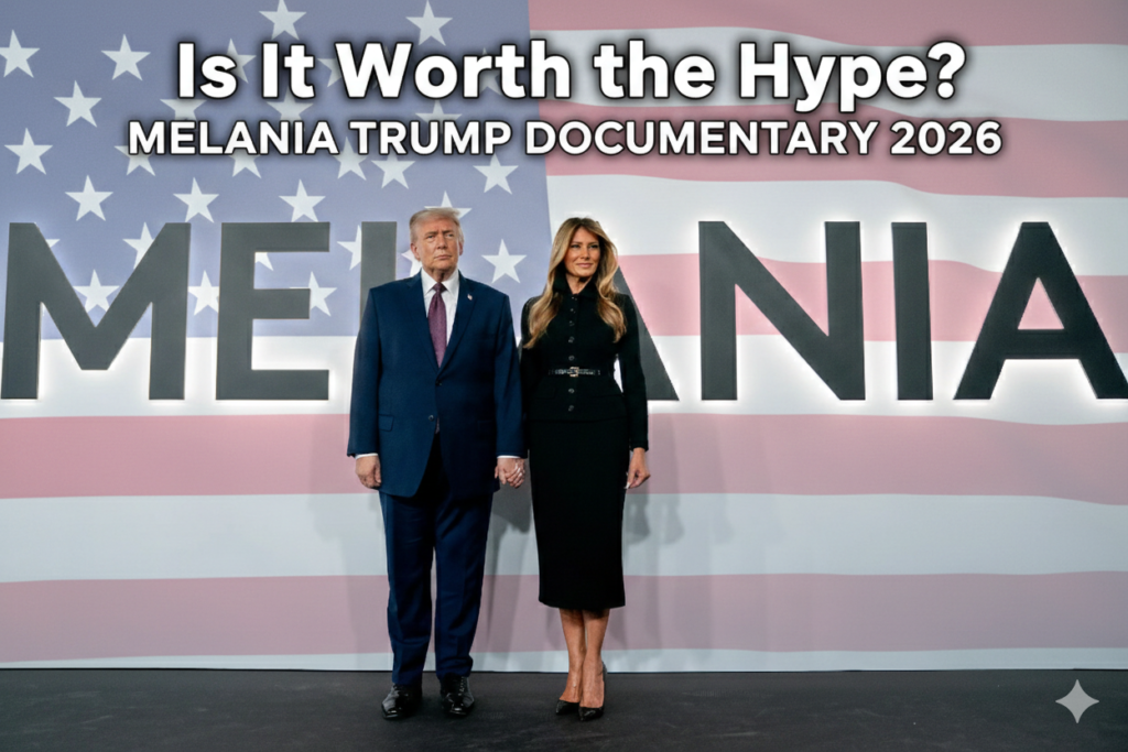 A cinematic movie poster of the Melania Trump documentary 2026 featuring Melania and Donald Trump standing against a USA flag background with the text "Is It Worth the Hype?" and "Melania Trump Documentary 2026.